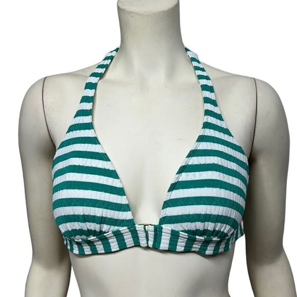 Victoria’s Secret Green White Striped Triangle Bikini Top Halter Tie Stripes - Picture 1 of 5